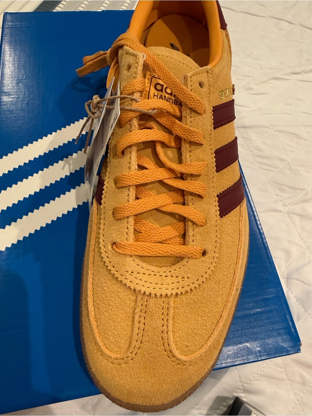 adidas Handball Spezial Sneakers in Mustard Yellow with Maroon Stripes
